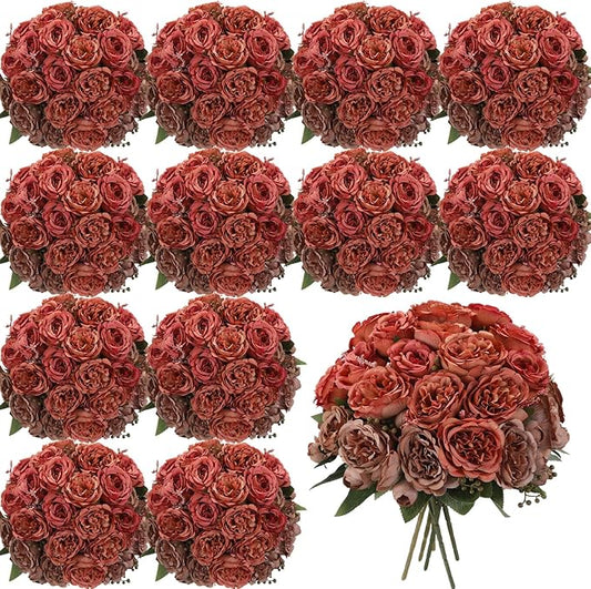 Geosar 16 Bundles Artificial Peonies Flowers Fake Silk Peony Bouquet Faux Peonies Flowers Bulk for Decoration Vase Floral Arrangements Wedding Party Table (Orange,Brown)