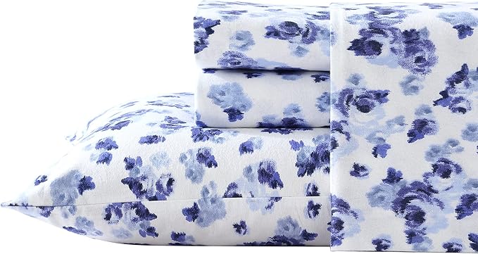 Laura Ashley - Flannel Sheets Full Size, Anti-Pilling & Wrinkle Resistant Cotton, Touchably Soft for All-Season Comfort - Bed Sheets with Matching Pillowcases & Fitted Sheet (Emelisa Blue)