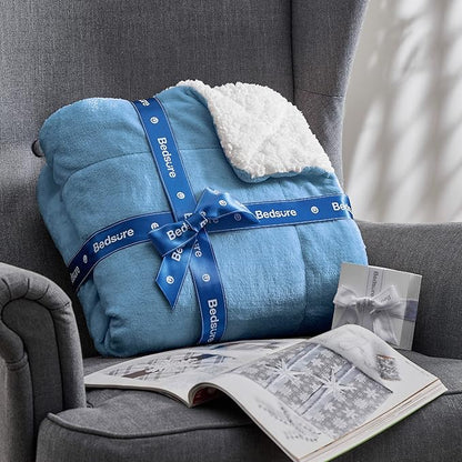 Bedsure GentleSoft Sherpa Fleece Blankets King Size for Bed - Thick and Warm, Soft Fuzzy Plush King Blanket for Winter, Washed Blue, 108x90 Inches
