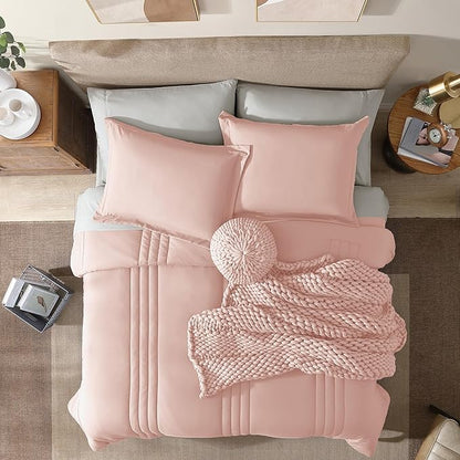Monbix Twin XL Size Comforter Set - Extra Long 5 Pieces Dorm Bedding Sets, Quilting Design Fluffy Bed in a Bag Twin XL with Sheets, Pillowcase & Sham(Light Pink)