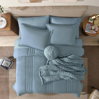 Monbix King Size Comforter Set - 7 Pieces Bed in a Bag King, Dusty Blue Bedding Sets with Comforter, All Seasons Down Alternative Comforter Bed Set with Sheets, Pillowcases & Shams