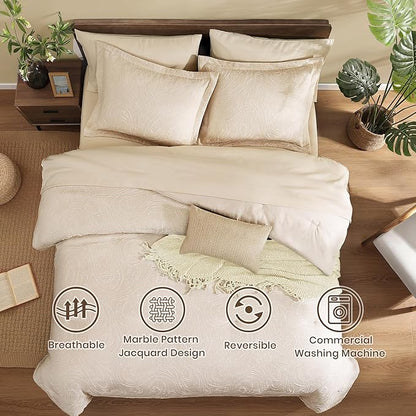 Monbix Full Size Comforter Set, Birch Marble Pattern Bedding Comforter for Full Size Bed Set, Reversible Bedding Sets 7 Pieces, Bed in a Bag with Comforter, Sheets, Pillowcases & Shams