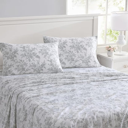 Laura Ashley - Flannel Sheets Full Size, Anti-Pilling & Wrinkle Resistant Cotton, Touchably Soft for All-Season Comfort - Bed Sheets with Matching Pillowcases & Fitted Sheet (Vanessa Grey)