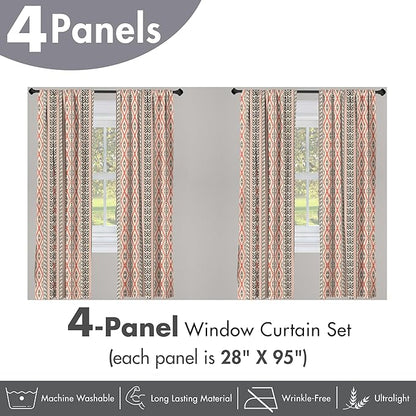 Ambesonne Southwestern Window Curtains Pack of 2, Traditional Vertical Borders Inspired by Prehistoric Art Ikat Style, Lightweight Set with Rod Pocket, 4 Panels of - 28" x 95", Brown Coral