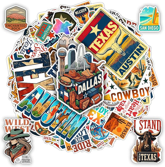 100 PCS Texas Travel Stickers Pack, Vinyl Waterproof Decals with Cowboy Boots Hats Longhorn Desert Cactus State Icons and City, Gift for Kids Teens Adults Wall Water Bottle Scrapbook Car Decor
