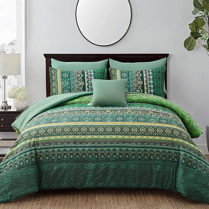 Boho Green Comforter Set King Size,8 Piece Bed in a Bag Bohemian Striped Bedding Quilt Set,Dark Green Paisley Floral Comforter and Sheet Set,Soft Microfiber Complete Bedding Sets for All Season