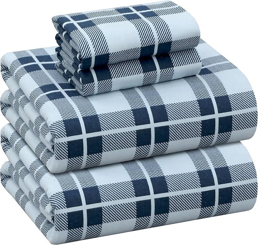 RUVANTI Flannel Sheets King Size - 100% Cotton Brushed King Size Sheets Set - Deep Pockets 16 Inches Bed Sheets - All Seasons Breathable & Extra Soft - Warm & Cozy, 4 Piece, Illusion Check