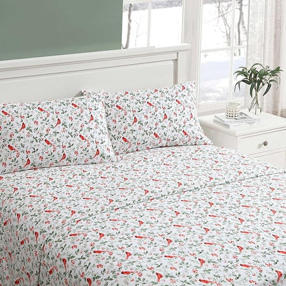 Laura Ashley - Flannel Sheets Full Size, Anti-Pilling & Wrinkle Resistant Cotton, Touchably Soft for All-Season Comfort - Bed Sheets with Matching Pillowcases & Fitted Sheet (Jolly Cardinals Green)