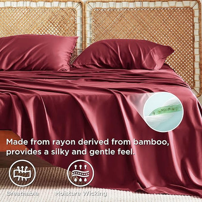 Bedsure King Size Sheets Set, Cooling Sheets for Hot Sleepers, Rayon Derived from Bamboo, Breathable & Soft, Deep Pocket Up to 16 Inches, Hotel Luxury Silky Bedding, Burgundy