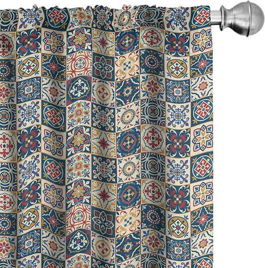 Ambesonne Moroccan Window Curtains, Portuguese Azulejo Checkered Squares Colorful Pattern Floral Arrangement, Lightweight Decor 2-Panel Set with Rod Pocket, Pair of - 28" x 95", Dark Blue Amber Red
