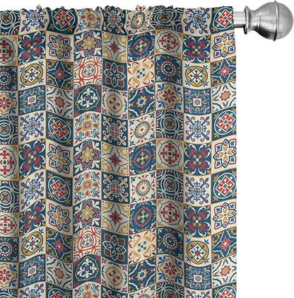 Ambesonne Moroccan Window Curtains, Portuguese Azulejo Checkered Squares Colorful Pattern Floral Arrangement, Lightweight Decor 2-Panel Set with Rod Pocket, Pair of - 28" x 84", Dark Blue Amber Red