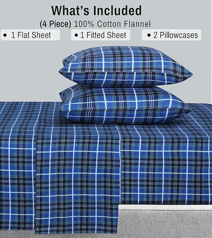 RUVANTI Flannel Sheets Queen Size - 100% Cotton Double Brushed Bed Sheets, Deep Pockets 16 Inches Queen Sheet Set, All Seasons Breathable & Extra Soft - Warm & Cozy, 4 Piece, Blue Plaid