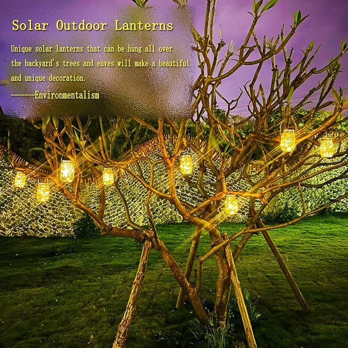 Cooo 9 Pack Solar Lanterns Outdoor Waterproof Upgraded Crystal Glass Solar Mason Jar Lights 30 LED 215% Larger SolarPanel, Anti-Rust Lid Hanging Outdoor Lanterns for Patio Garden Porch