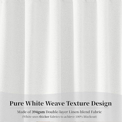KangBang 100% Blackout Linen Curtains 120 Inches Long 2 Panel Sets, Rod Pocket Back Tab Energy Saving Window Treatment Room Darkening Curtains for High Windows, Pure White, 52Wx120L