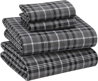 RUVANTI Flannel Sheets Queen Size - 100% Cotton Double Brushed Bed Sheets, Deep Pockets 16 Inches Queen Sheet Set, All Seasons Breathable & Extra Soft - Warm & Cozy, 4 Piece, Grey Plaid