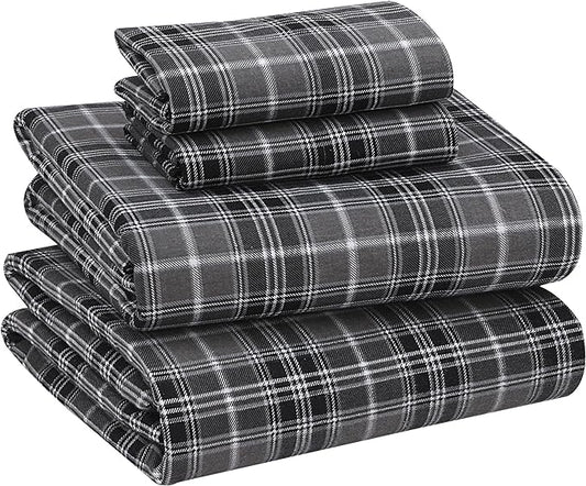RUVANTI Flannel Sheets Queen Size - 100% Cotton Double Brushed Bed Sheets, Deep Pockets 16 Inches Queen Sheet Set, All Seasons Breathable & Extra Soft - Warm & Cozy, 4 Piece, Grey Plaid