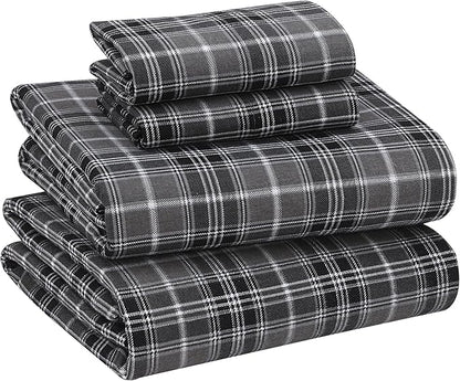 RUVANTI Flannel Sheets Full Size - 100% Cotton Double Brushed Bed Sheets Set, Deep Pockets 16 Inches, All Seasons Breathable & Extra Soft Full Sheets, Warm & Cozy, 4 Piece, Grey Plaid
