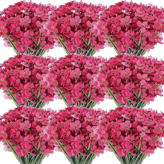 Lyrow 100 Bundles Violet Artificial Flowers, UV Resistant Faux Flowers Outdoor, Faux Silk Flowers, Fake Violet Flowers Bulk for Front Porch Hanging Garden Courtyard Farmhouse Home(Rosy)