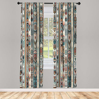 Ambesonne Ethnic Window Curtains Pack of 2, Folkloric Style Floral Ornaments with Bohemian Oriental Motifs as Stripes, Lightweight Set with Rod Pocket, 4 Panels of - 28" x 95", Teal Coral and Orange