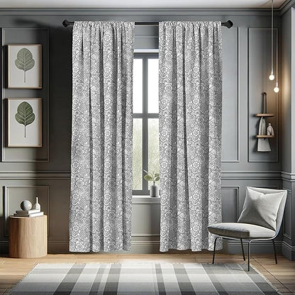 Ambesonne Black and White Window Curtains, Paisley Design with Sketch Style Flowers Leaves on Monochrome Background, Decor 2-Panel Set with Rod Pocket, Pair of - 28" x 84", White and Charcoal