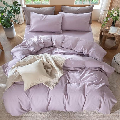 MooMee Bedding Duvet Cover Set 100% Washed Cotton Linen Like Textured Breathable Durable Soft Comfy (Heathered Light Purple, Cal King 104"x98")