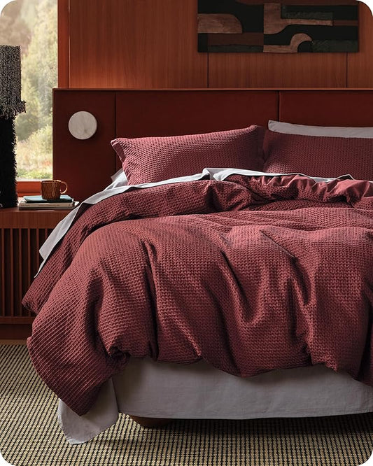 Bedsure Cotton Duvet Cover King - 100% Cotton Waffle Weave Maroon Red Duvet Cover King Size, GentleSoft™ and Breathable Bedding Set for All Season, 3 Pieces, 104"x90"