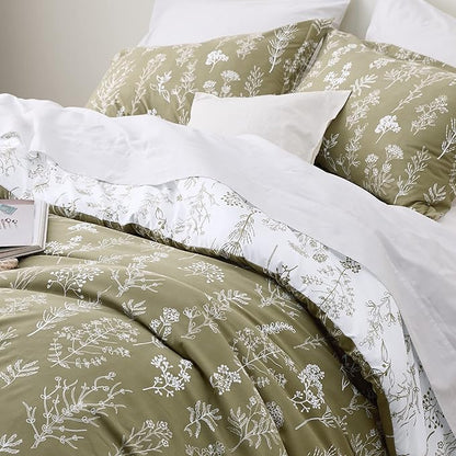 Bedsure Full Comforter Set - Olive Green Bed Set, 3 Pieces Cute Floral Bedding, 1 Soft Reversible Botanical Flowers Comforter and 2 Pillow Shams