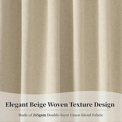 KangBang 72x108 Inch Blackout Curtains-Hook Belt Back Tab Linen Textured Drapes for Living Room Patio Door, Noise Reducing Rustic Farmhouse Curtain Panels, Natural Beige, 2Pcs