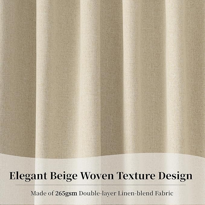 KangBang Thermal Blackout Curtains 63 Inch Length for Bedroom, Back Tab Loop Pocket Pleated Linen Woven Textured Curtains, 100% Light Blocking Drapes for Living Room(W52xL63,2 Panels,Natural Beige)