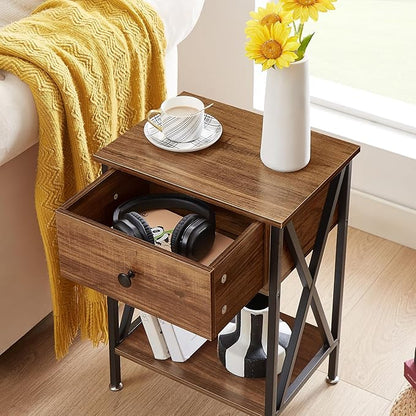 VECELO Nightstands Set of 2, Modern Bedside End Tables, Night Stands with Drawer and Storage Shelf for Living Room Bedroom, Industrial Metal Frame