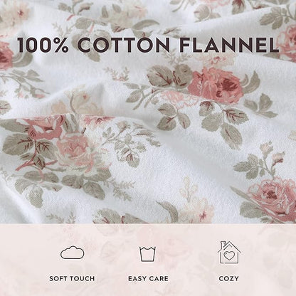 Laura Ashley - Flannel Sheets Full Size, Anti-Pilling & Wrinkle Resistant Cotton, Touchably Soft for All-Season Comfort - Bed Sheets with Matching Pillowcases & Fitted Sheet (Lisalee Pink)