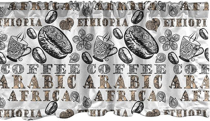 Ambesonne Modern Window Valance, Coffee Beans with Ornamental Words Ethiopians Pattern, Curtain Valance for Kitchen Bedroom Decor with Rod Pocket, 54" X 18", Sand Brown Black