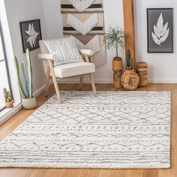SAFAVIEH Arizona Shag Collection Area Rug - 6'7" x 9'2", Ivory & Grey, Moroccan Design, Non-Shedding & Easy Care, 1.6-inch Thick Ideal for High Traffic Areas in Living Room, Bedroom (ASG741F)