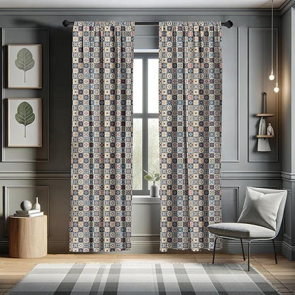 Ambesonne Moroccan Window Curtains, Portuguese Azulejo Checkered Squares Colorful Pattern Floral Arrangement, Lightweight Decor 2-Panel Set with Rod Pocket, Pair of - 28" x 63", Dark Blue Amber Red
