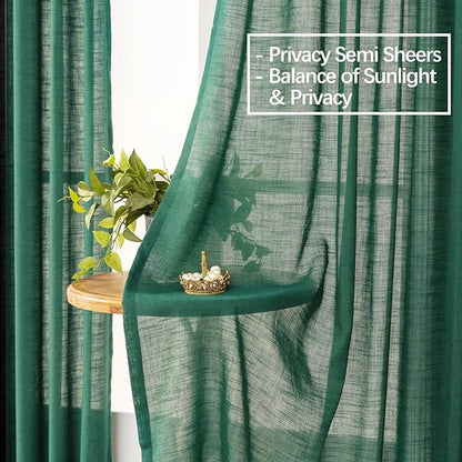 Emerald Green Curtains Semi Sheer 108 Inch Long, Dark Linen Textured Light Filtering Drapes for Living Room, Hunter Green Window Decor, Floor to Ceiling Pinch Pleat Curtain with Hooks