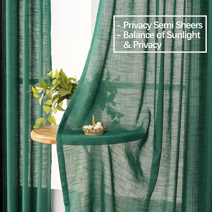 Emerald Green Curtains Semi Sheer 90 Inches Long, Dark Linen Textured Light Filtering Drapes for Living Room Dining, Hunter Green Window Decor, Pinch Pleat Curtain with Hooks