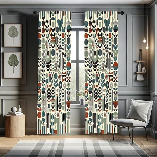 Ambesonne Leafy Art Curtains, Scandinavian Leaves Pattern with Geometric Roundy Modern Boho Print, Window Treatments 2 Panel Set for Living Room Bedroom, Pair of - 28" x 95", Pale Green Redwood Teal