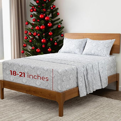 Mellanni Extra Deep King Sheets - 4 PC Iconic Collection Bedding - Hotel Luxury, Ultra Soft, Cooling Bed Sheets - Wrinkle, Fade, Stain Resistant (King, Paisley Gray)