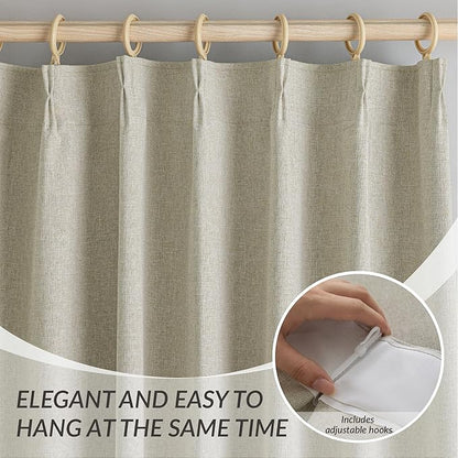 KangBang Full Blackout Pinch Pleat Curtains 102 Inches Long, Pleated Linen Drapes 2 Panels Set for Living Room Dining with Hooks, Thermal Insulated & Noise Reducing, 52Wx102L, Linen Color