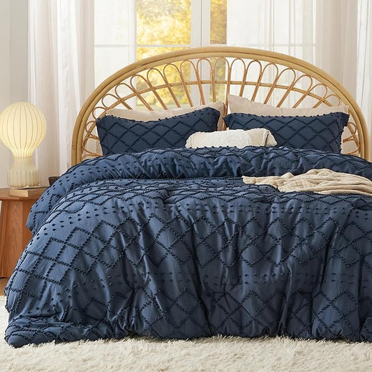 Bedsure Queen Comforter Set - Navy Blue Comforter, Boho Tufted Shabby Chic Bedding for Kids, 3 Pieces Vintage Farmhouse Bed Set for All Seasons, Fluffy Soft Bedding with 2 Pillow Shams