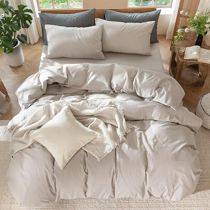 MooMee Bedding Duvet Cover Set 100% Washed Cotton Linen Like Textured Breathable Durable Soft Comfy (Solid Light Tan, Oversized King Plus 128"x120")