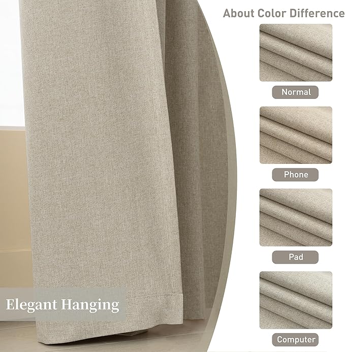 KangBang Full Blackout Linen Curtains 102 inches Long 2 PCs, Farmhouse Back Tab Pleated UV Protection Drapes, Floor to Ceiling Curtains for Bedroom Dining Room, Linen Color, 52Wx102L