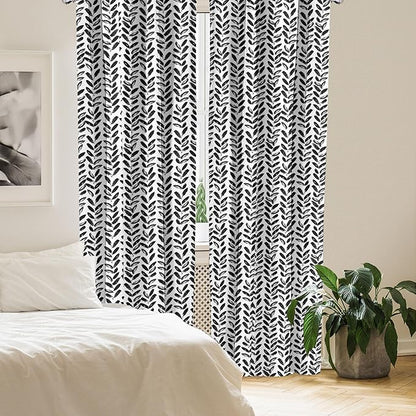 Ambesonne Black and White Window Curtains, Modern Grunge Botany Motif Monochrome Brush Paint Style Strokes, Lightweight Decor 2-Panel Set with Rod Pocket, Pair of - 28" x 63", White and Black