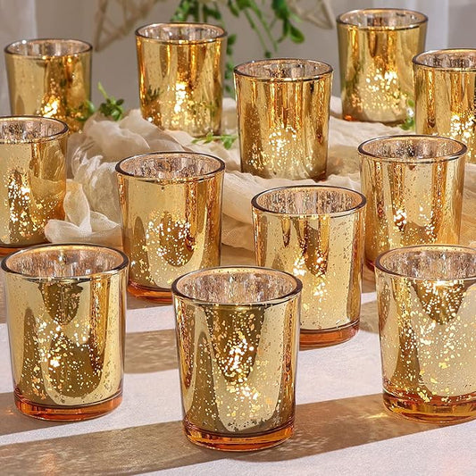 DEVI Gold Votive Candle Holders 24 Pcs, Mercury Tealight Candle Holder Glass, Gold Wedding Centerpieces for Table Decorations, Valentine Diwali Party Bridal Shower Decorations