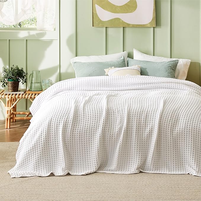 Bedsure Cooling Cotton Waffle Full Size Blanket - Lightweight Breathable Blanket of Rayon Derived from Bamboo for Hot Sleepers, Luxury Throws for Bed, Couch and Sofa, Ivory, 80x90 Inches