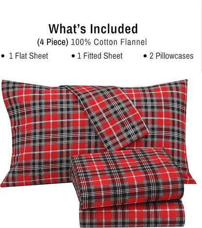 RUVANTI Flannel Sheets Queen Size - 100% Cotton Double Brushed Bed Sheets, Deep Pockets 16 Inches Queen Sheet Set, All Seasons Breathable & Extra Soft - Warm & Cozy, 4 Piece, Red Plaid