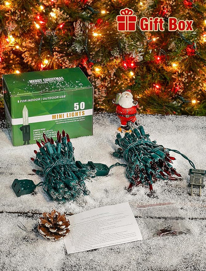 Hopolon Christmas Lights Indoor Outdoor, 2 Pack 13 FT 50 Count Incandescent Mini String Light, Green Wire Christmas Tree Lights Waterproof for Holiday Wedding Valentine's Day Decor, Red and Clear