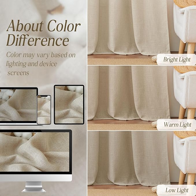 RYB HOME Sliding Door Curtains - Large Window Curtains for Living Room Dining Bedroom Decor, Linen Sheer Sunlight Glare Filter Privacy Backdrop, Beige, 100 inches Wide x 84 inches Long