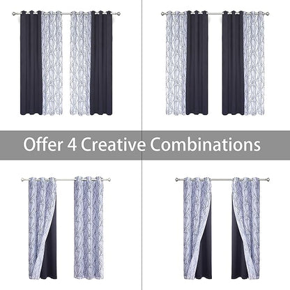 BONZER Mix and Match Curtains - 2 Pieces Branch Print Sheer Curtains and 2 Pieces Blackout Curtains for Bedroom Living Room Grommet Window Drapes, 37x95 Inch/Panel, Grey Dark, Set of 4 Panels