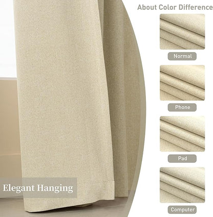 KangBang 72x108 Inch Blackout Curtains-Hook Belt Back Tab Linen Textured Drapes for Living Room Patio Door, Noise Reducing Rustic Farmhouse Curtain Panels, Natural Beige, 2Pcs